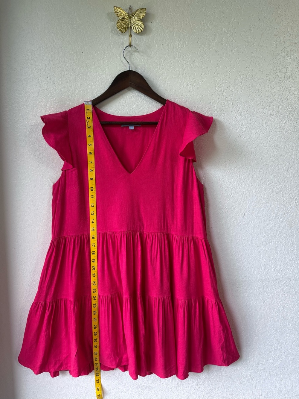 ANTONIO MELANI Linen Hot Pink Flutter Sleeve Tiered Mini Dress size M - Picture 4 of 7